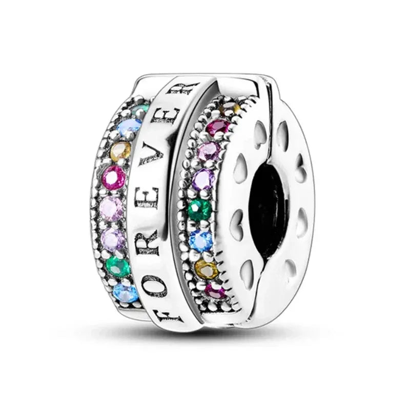 Forever clip with cubic zirconia accents and multicolored gemstones, sleek design, everlasting love charm for special occasions or everyday style.