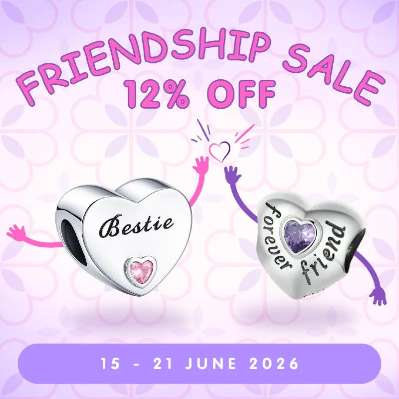 Promotional banner for a friendship sale with two heart-shaped charms and 12% Off on a purple background.