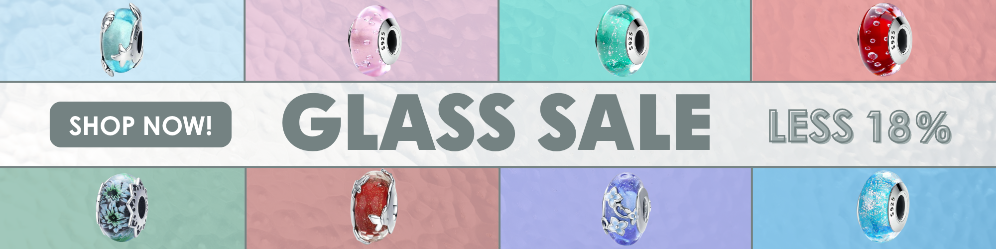 Promotional banner for a glass sale with colorful charms and 'Shop Now!' button. 18% Off
