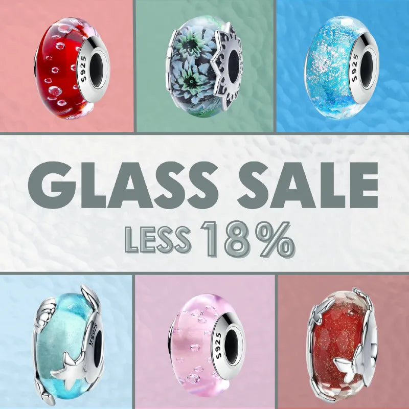 Promotional banner for a glass sale with colorful charms and 'Shop Now!' button. 18% Off