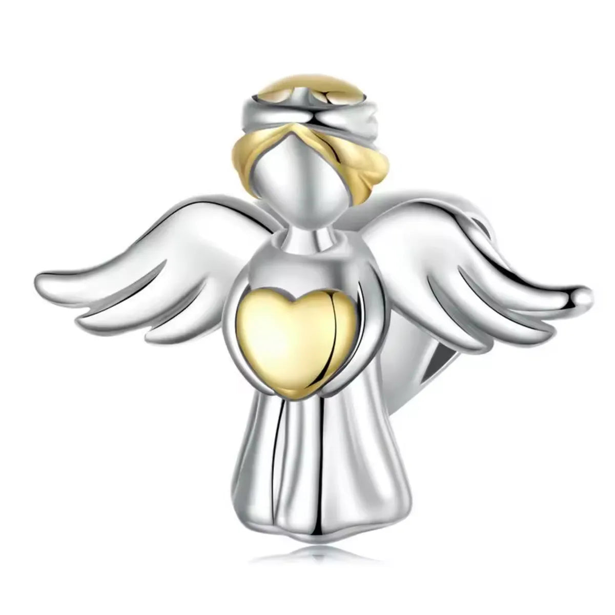 Silver angel charm with gold wings and heart on a white background