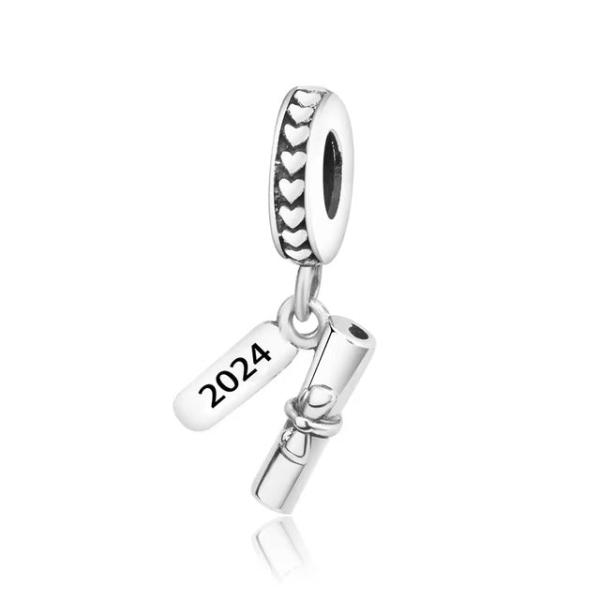 Celebrate your academic achievements with this exquisite 2024 Graduation Scroll Dangle Charm. The charm is crafted in high-quality sterling silver and features the year &quot;2024&quot; in oxidized text. This dangle charm is perfect for anyone who is graduating this year and looking for a meaningful charm to add to their bracelet. It&#39;s a great way to mark this special milestone and serve as a reminder of your hard work and dedication