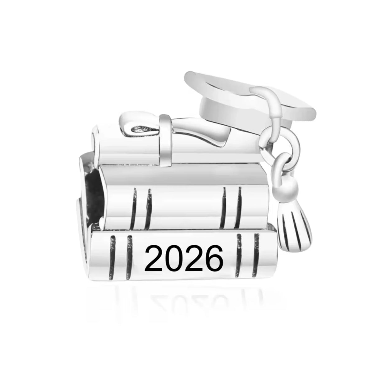 Silver charm with '2026' engraved on a white background