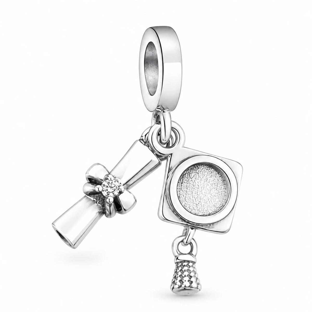 Silver charm with graduation cap, diploma, and tassel on a white background