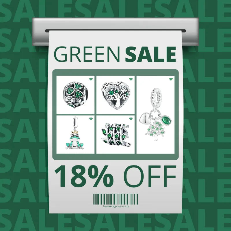 Green sale banner with shopping icons with charms and 'Shop Now' call to action on a green background with text 18% Off Green Sale