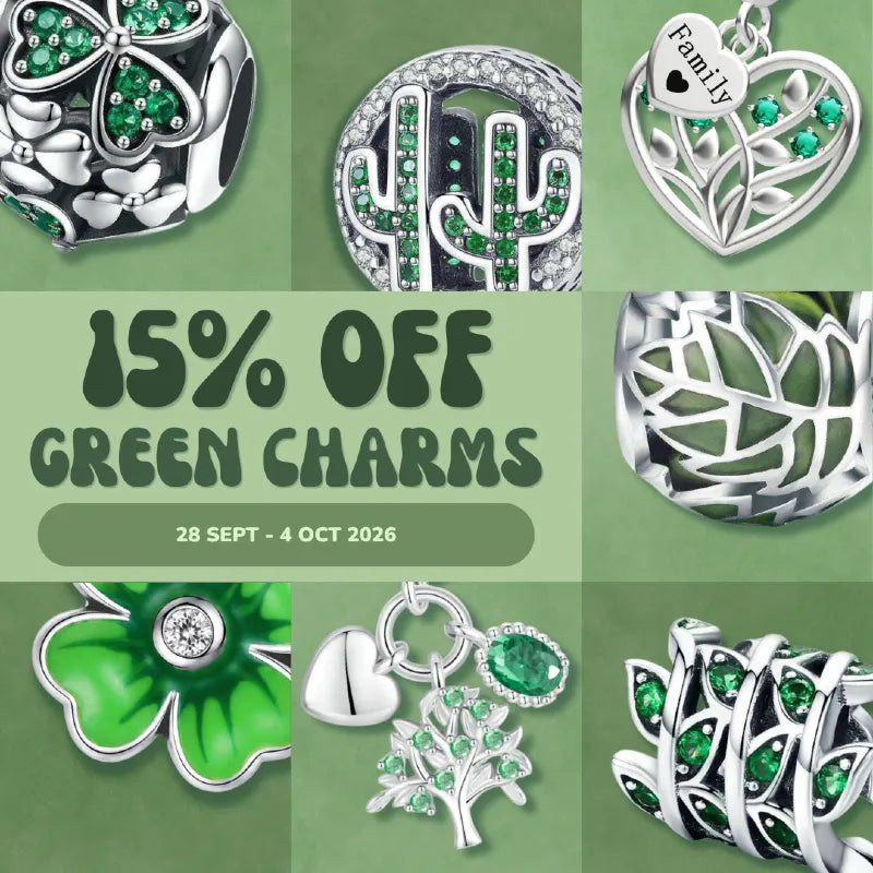 Promotional collage for green charms, showing six silver-toned jewelry charms with green stones and enamel on a green background, with large text reading '15% OFF GREEN CHARMS' and a date.