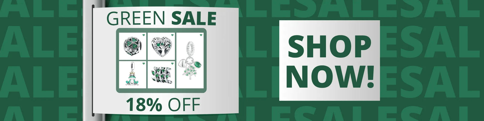 Green sale banner with shopping icons with charms and 'Shop Now' call to action on a green background with text 18% Off Green Sale