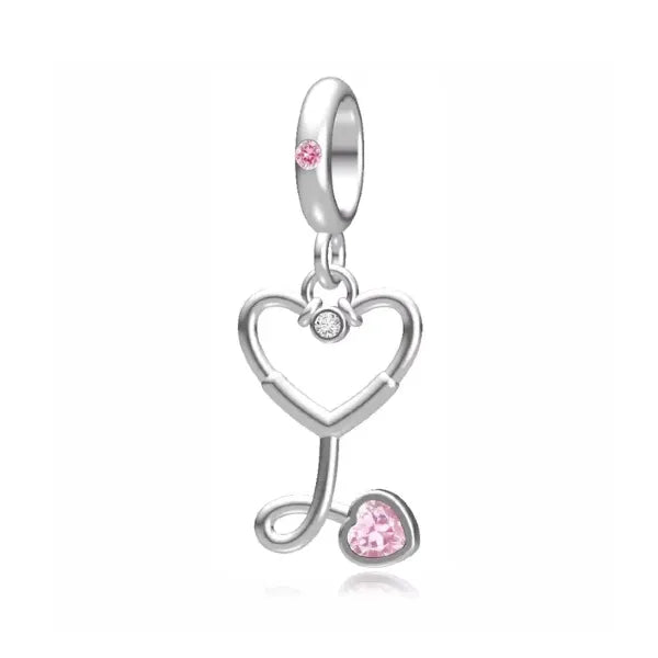 Celebrate the heartbeat of care and compassion with this stunning heart stethoscope dangle charm. Designed for the healthcare heroes or anyone inspired by the medical field, this sterling silver charm is adorned with sparkling pink and clear cubic zirconia accents.