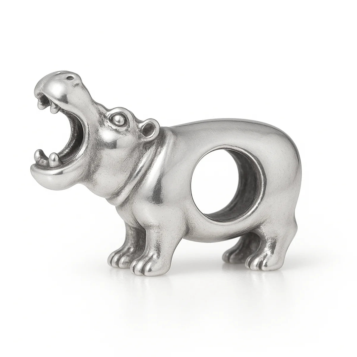Silver hippo-shaped charm on a white background