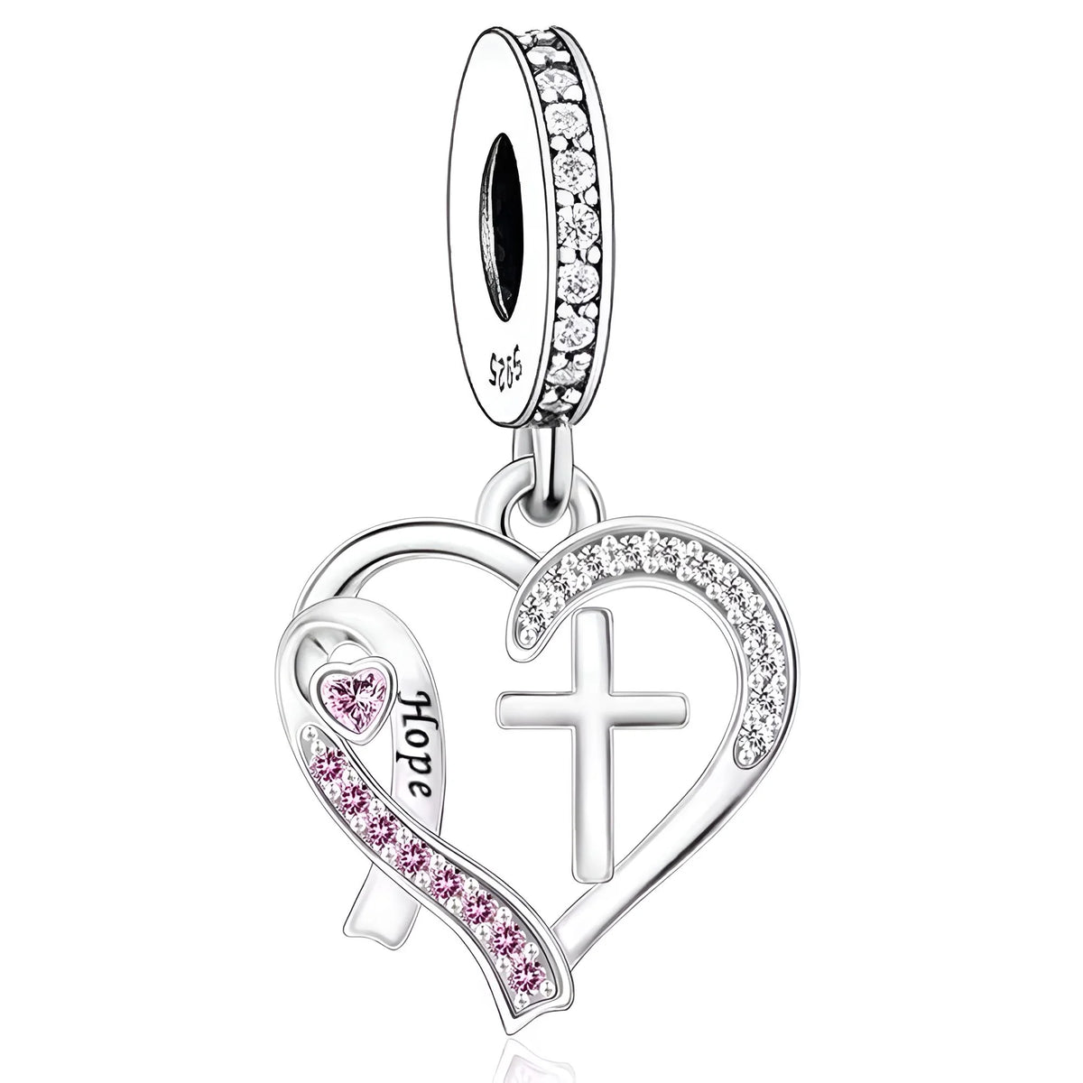 Heart-shaped charm with cross and 'Hope' text on a white background