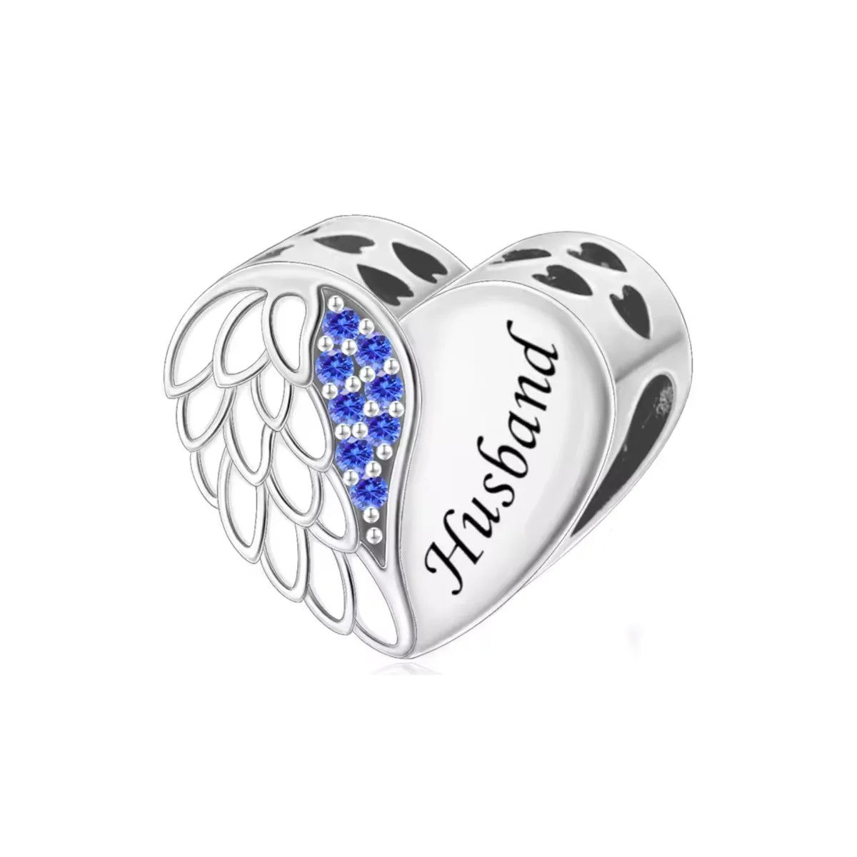 Heart-shaped silver charm with &#39;Husband&#39; engraving and blue stones on a white background
