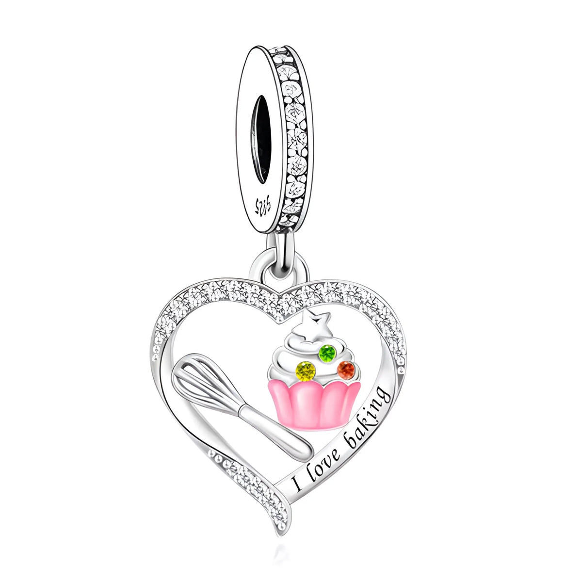 Silver charm with heart design, cupcake, whisk, and engraved with 'I love baking' 