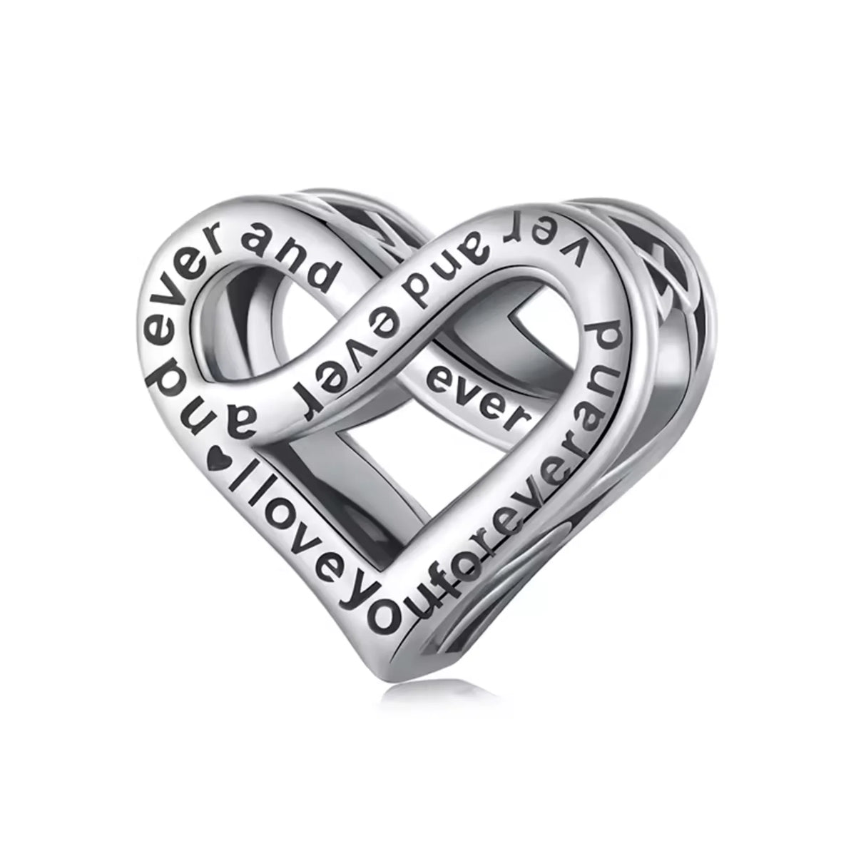 Silver heart-shaped charm with 'ever and always' text on a white background