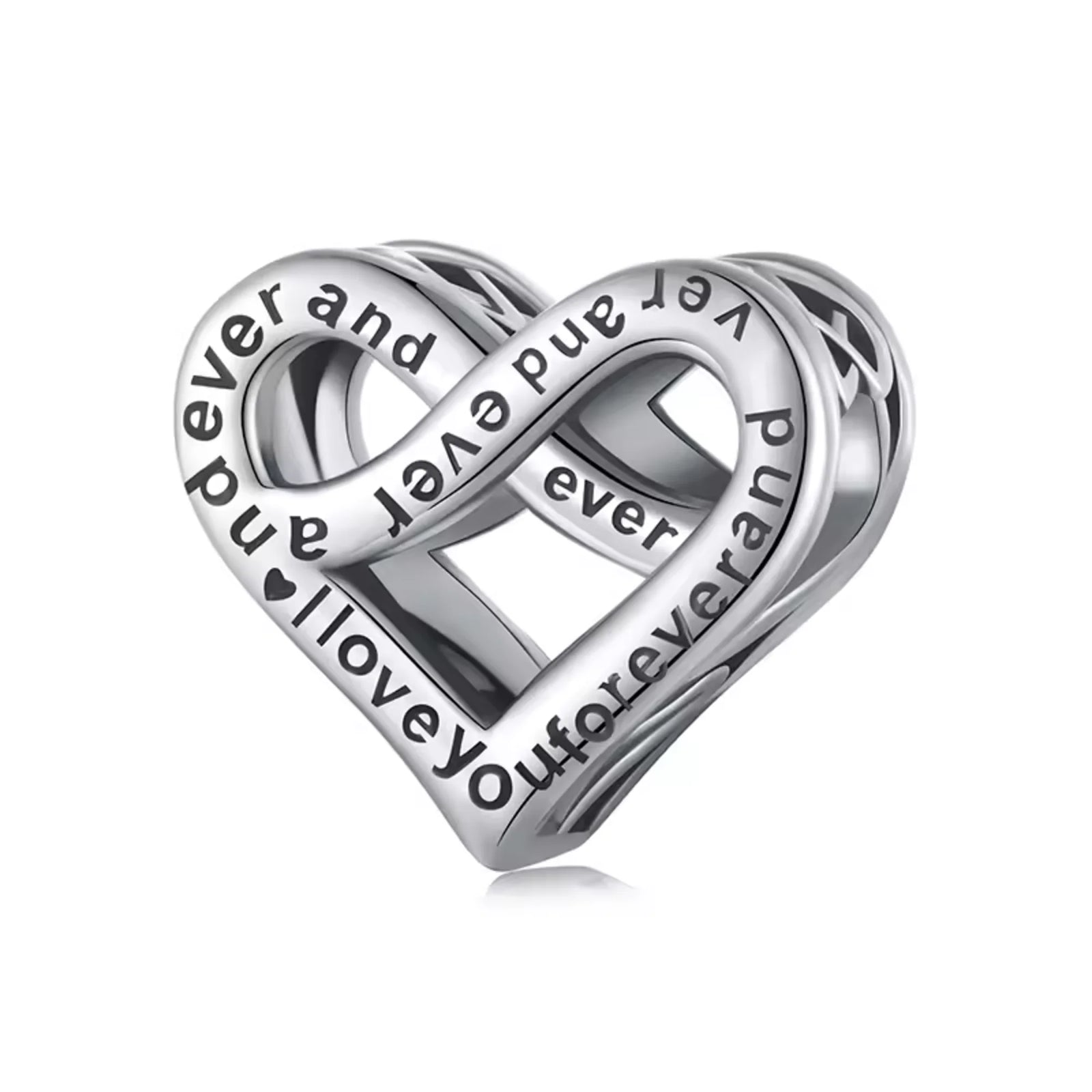 Silver heart-shaped charm with 'ever and always' text on a white background