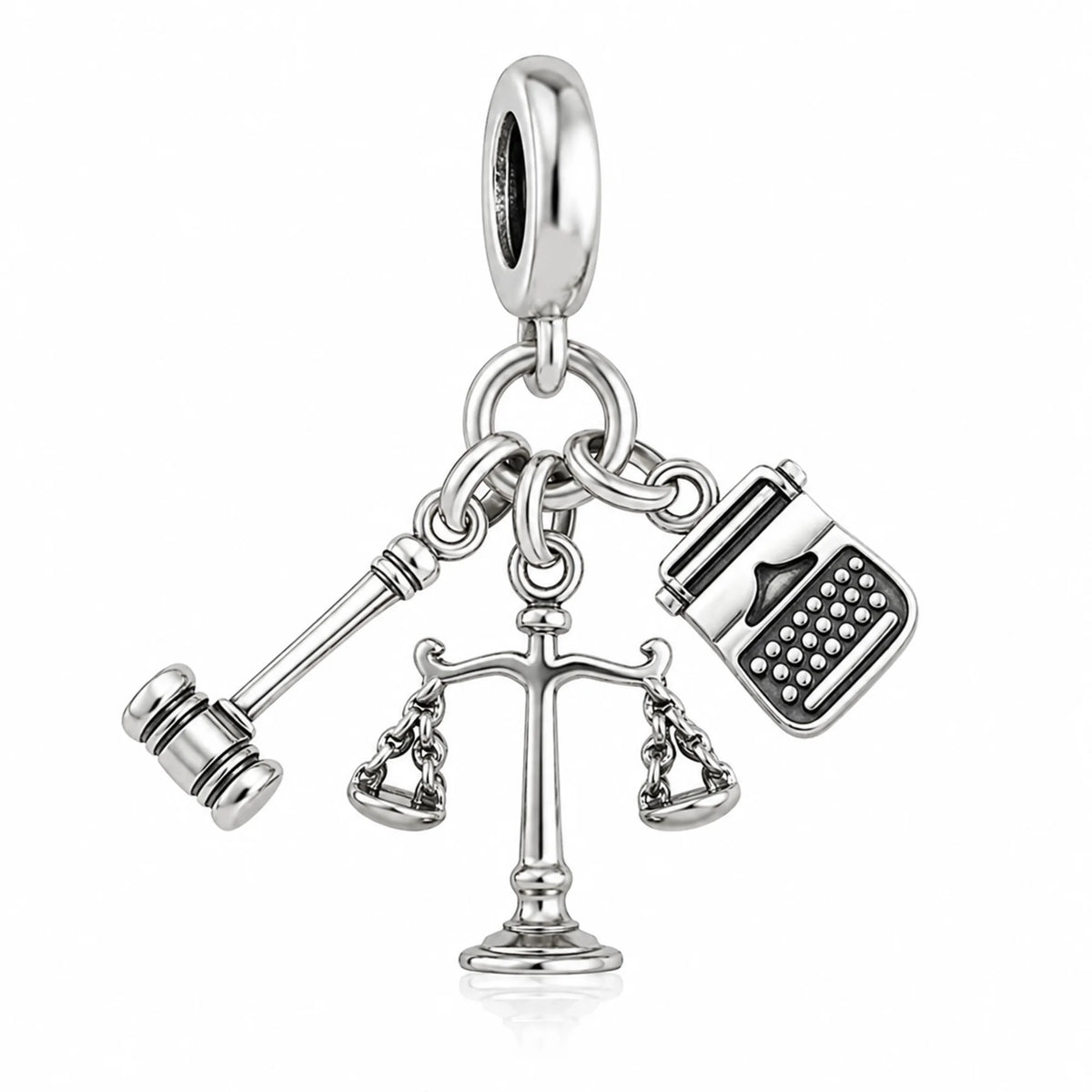 Silver charm with gavel, scale, and calculator on a white background