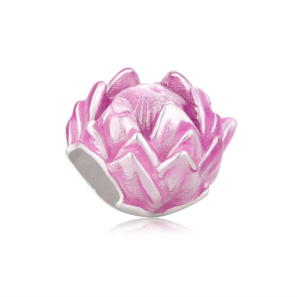 Add a touch of floral elegance to your bracelet with this stunning King Protea Charm! Inspired by the majestic South African protea flower, this charm showcases exquisite detailing with vibrant pink enamel petals that beautifully contrast against a sterling silver base.