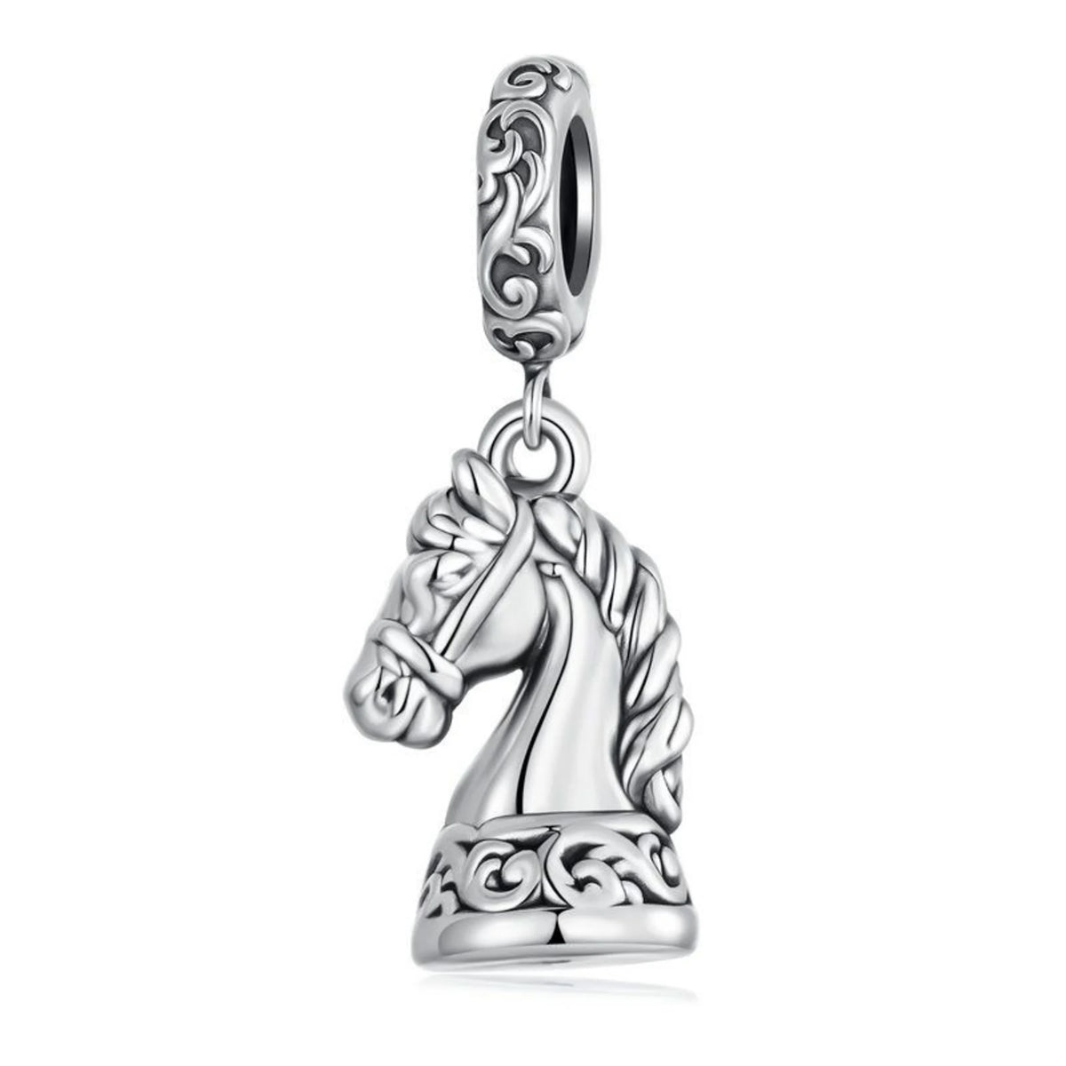 Silver horse head charm on a white background