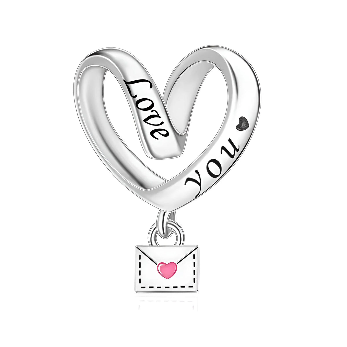 Silver heart-shaped charm with 'Love You' engraving and a pink heart envelope charm on a white background