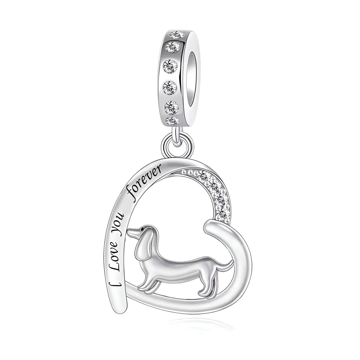 Silver charm with 'I Love You Forever' text and dog illustration on a white background