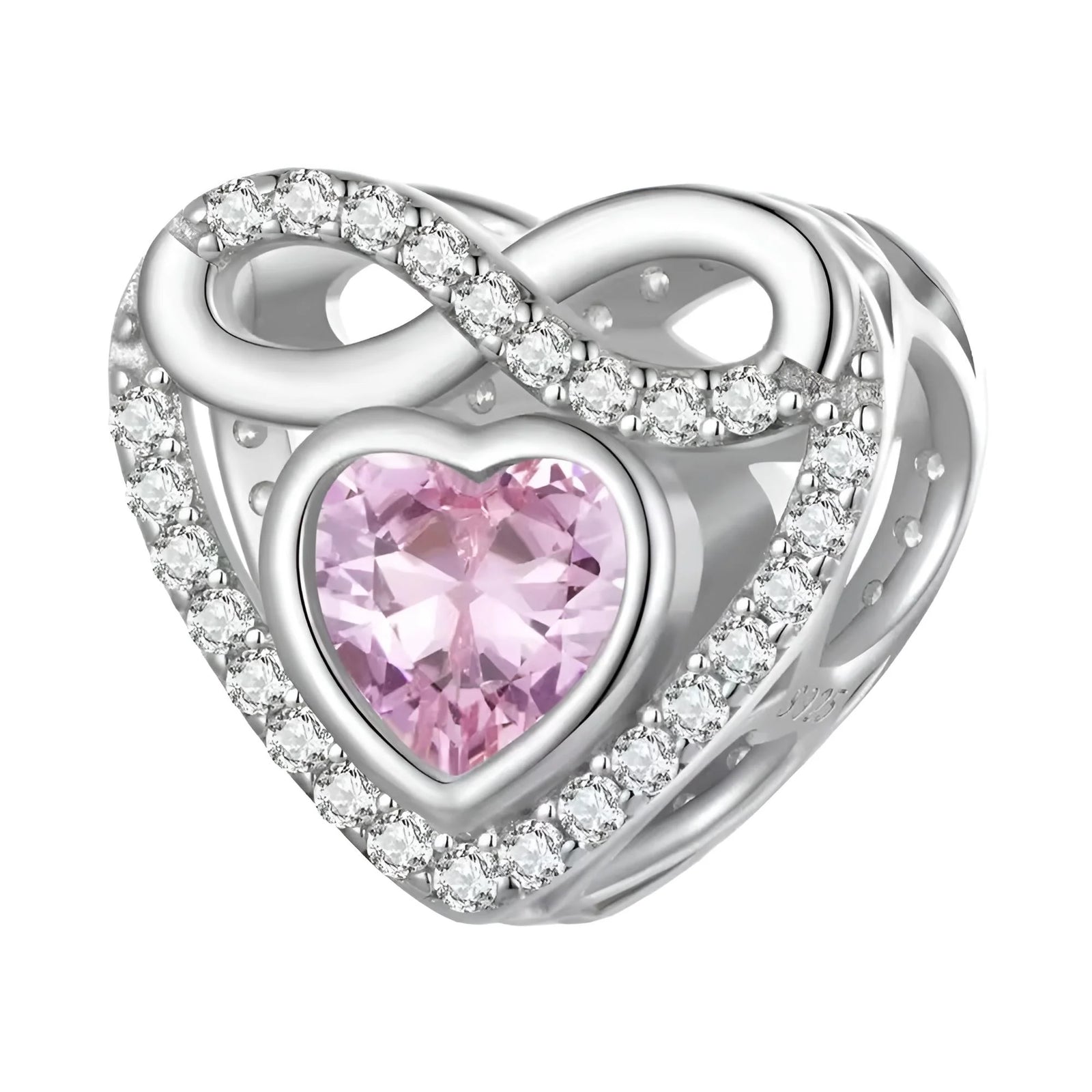 Silver heart-shaped pendant with a pink gemstone on a white background