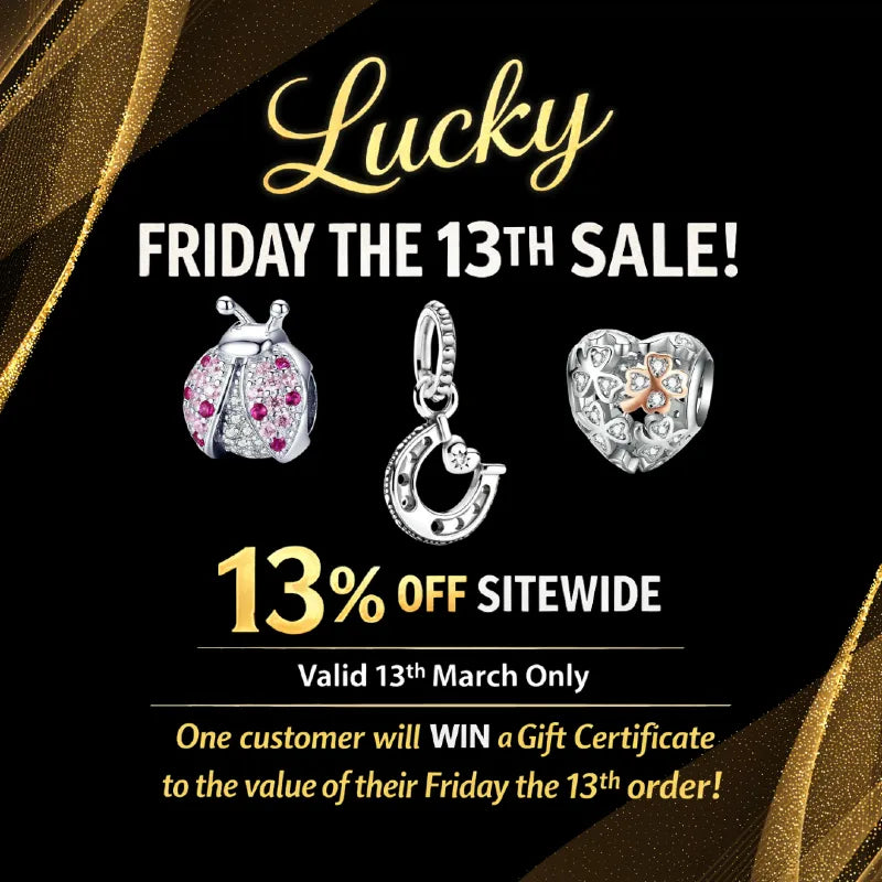 Promotional banner for 'Lucky Friday the 13th Sale' with jewelry images and text on a black background.