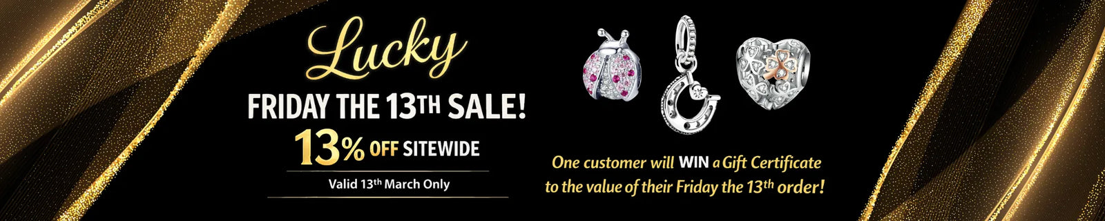 Promotional banner for Lucky Friday the 13th sale with jewelry images and text.
