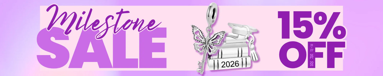 A promotional sale banner with the text 'Milestone SALE' and '15% OFF' on a pink and lavender gradient background, with a small silver Charms