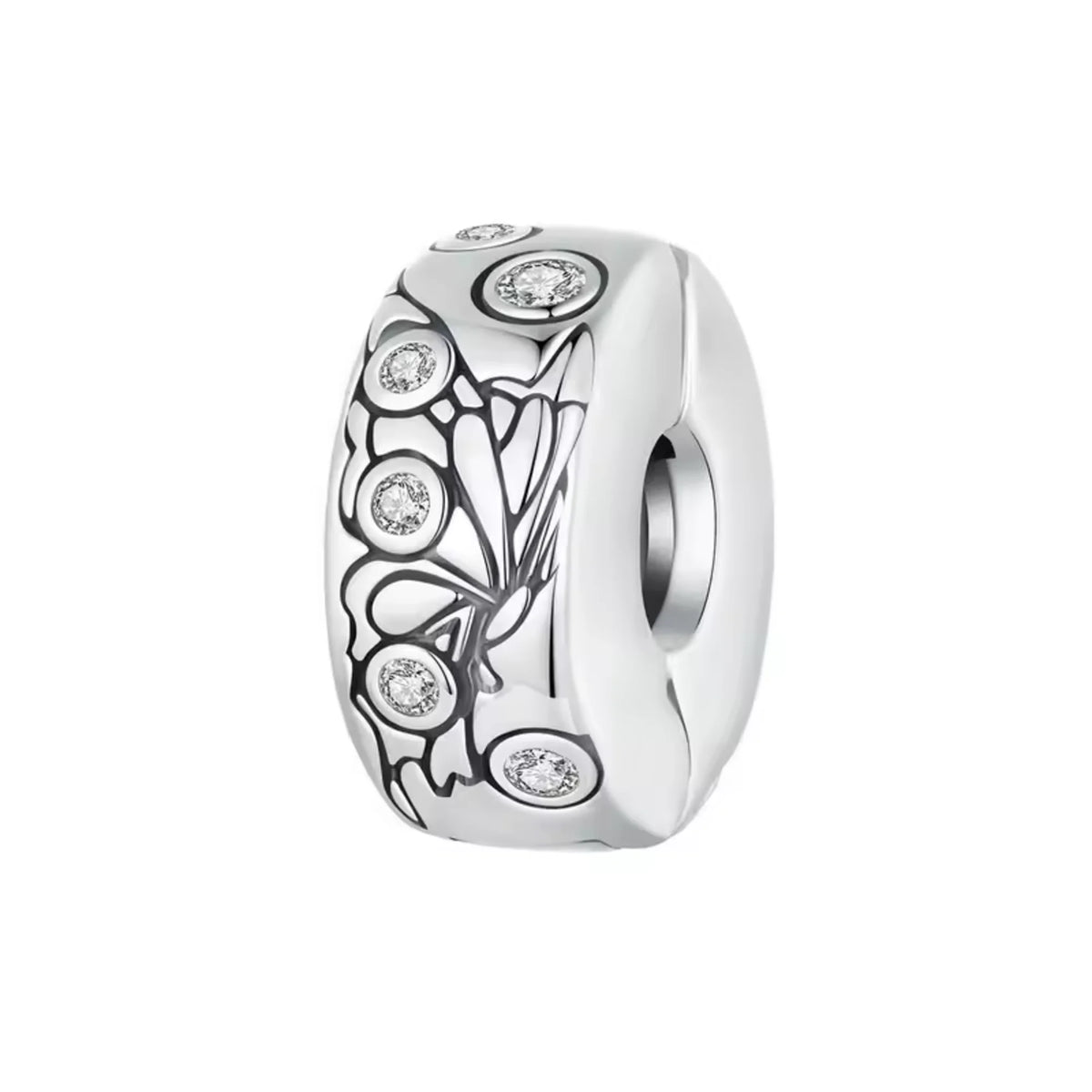 Silver clip charm with butterfly design and embedded cubic zircons on a white background