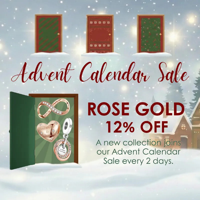Advent Calendar Sale with rose gold jewelry and snowy village background