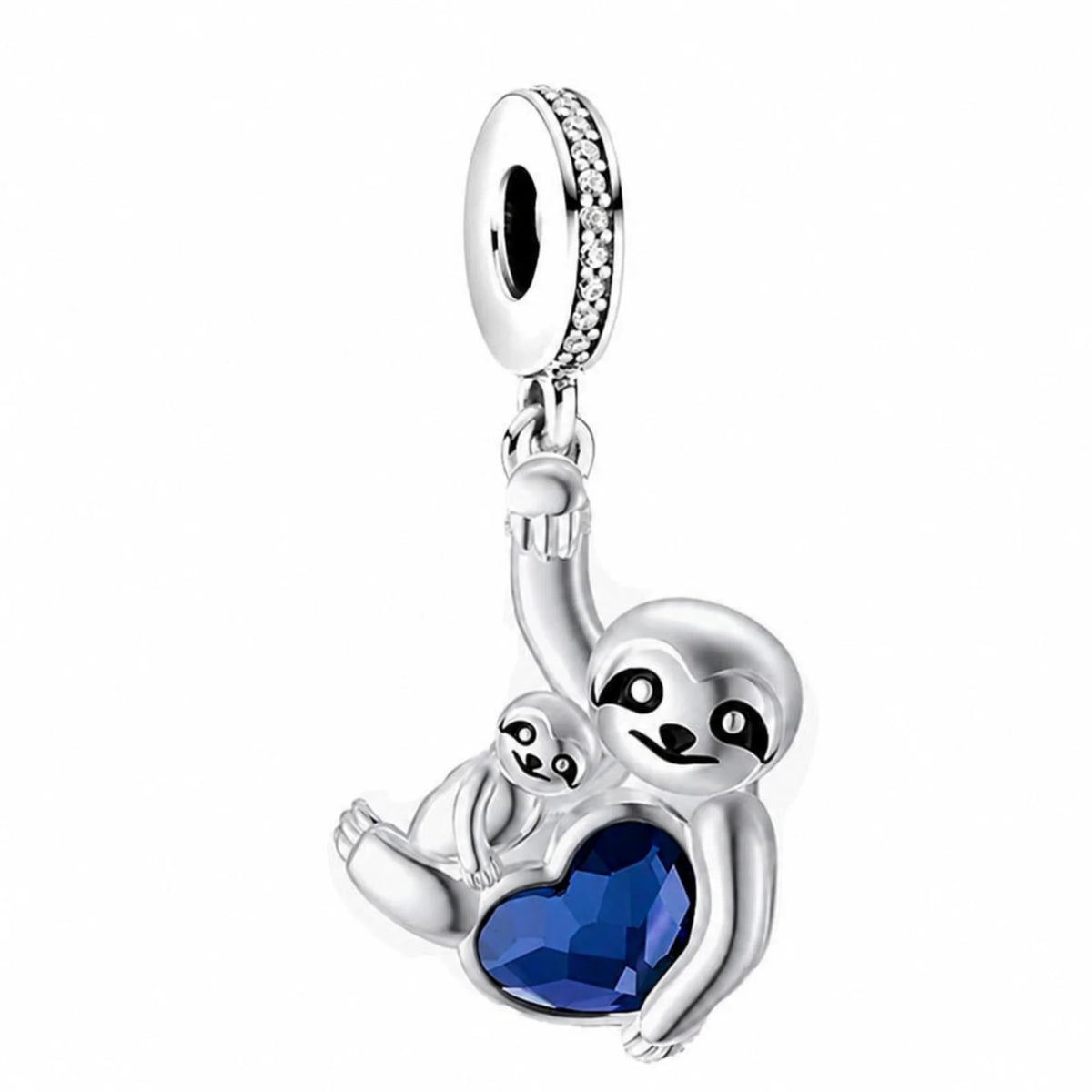 Silver charm with sloth design and blue heart on a white background