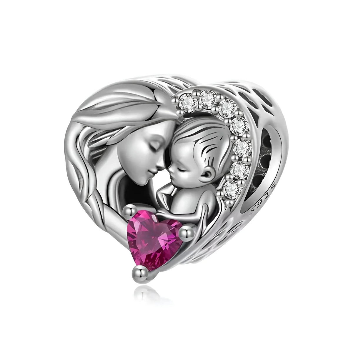 Silver charm with a heart design, mother and child holding a pink gemstone on a white background