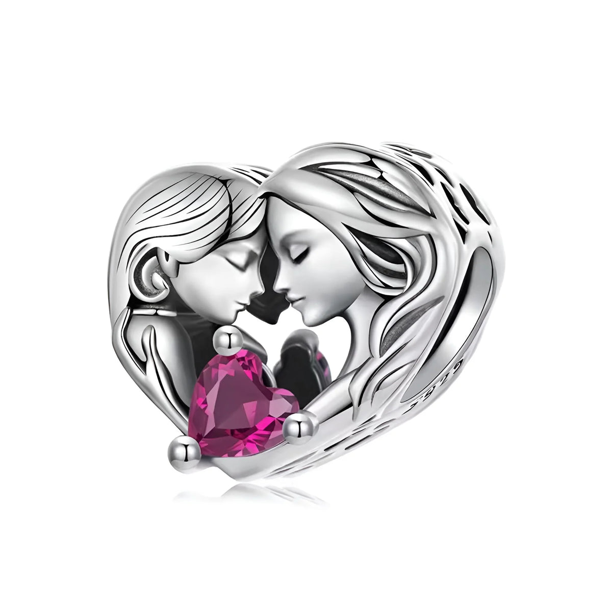 Silver heart-shaped pendant with two faces and a pink gemstone on a white background