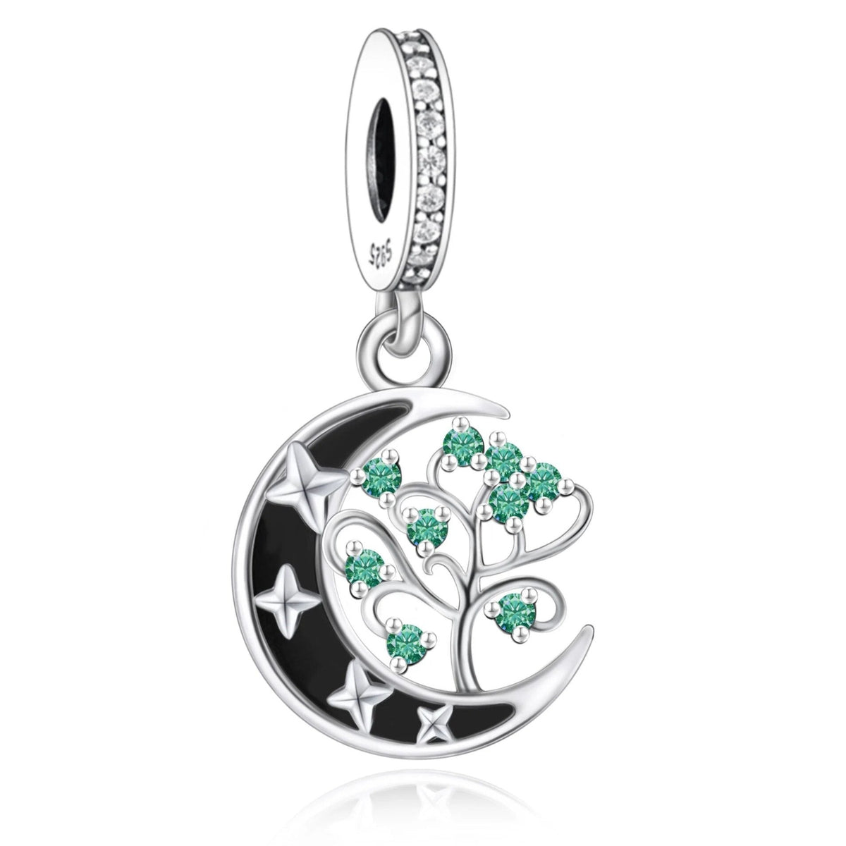 A silver-colored dangle charm featuring a moonlit tree of life design with green cubic zirconia and star accents.