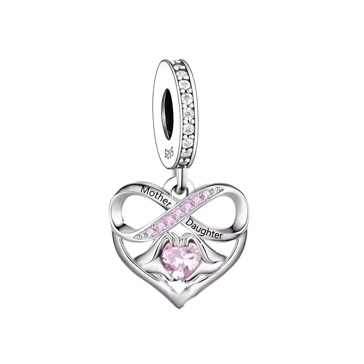 Heart-shaped silver charm with pink gemstone and 'Mother Daughter' engraving on a white background