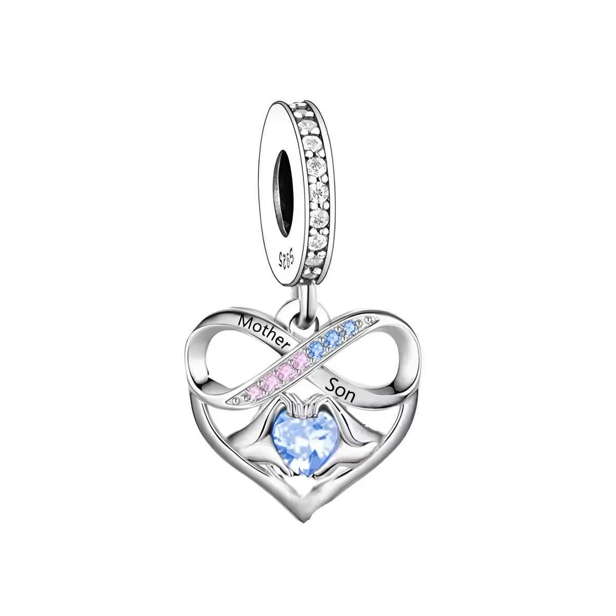 Heart-shaped silver charm with 'Mother Son' engraving and colorful stones on a white background
