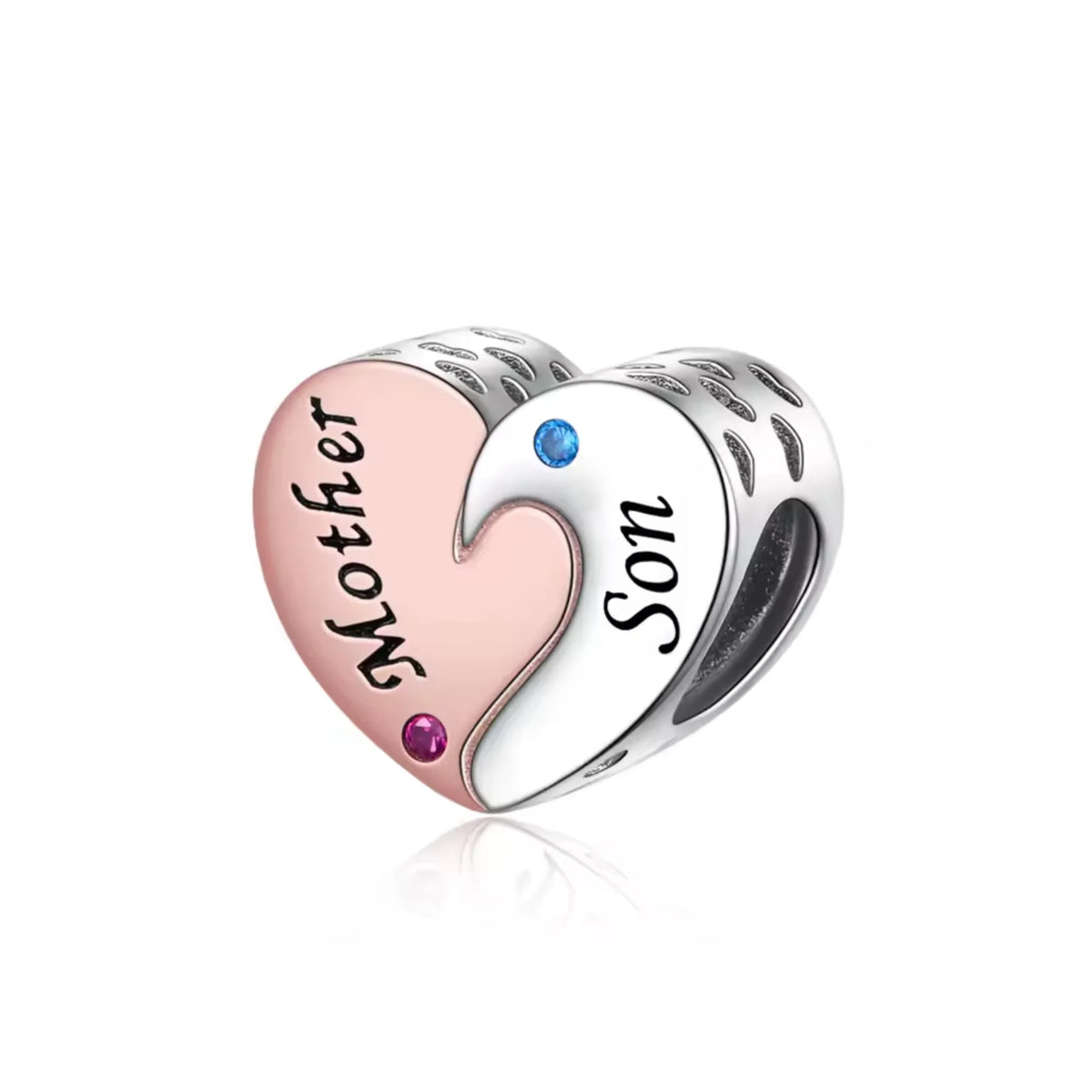 Heart-shaped charm with 'Mother' and 'Son' engraved on a white background