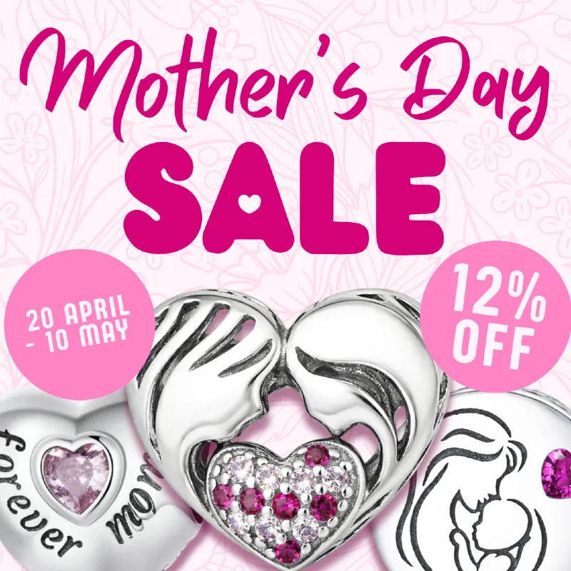 Heart-shaped jewelry with 'Mother's Day Sale' text and discount information on a pink background.