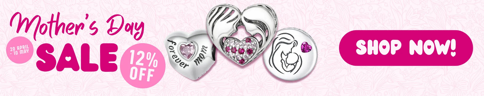 Heart-shaped jewelry with 'Forever' engraving on a pink background with Mother's Day sale text.