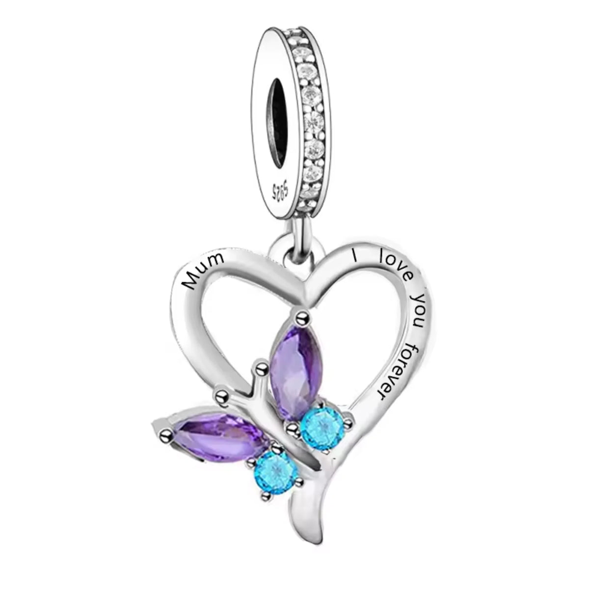 Silver heart-shaped pendant with purple and blue gemstones on a white background