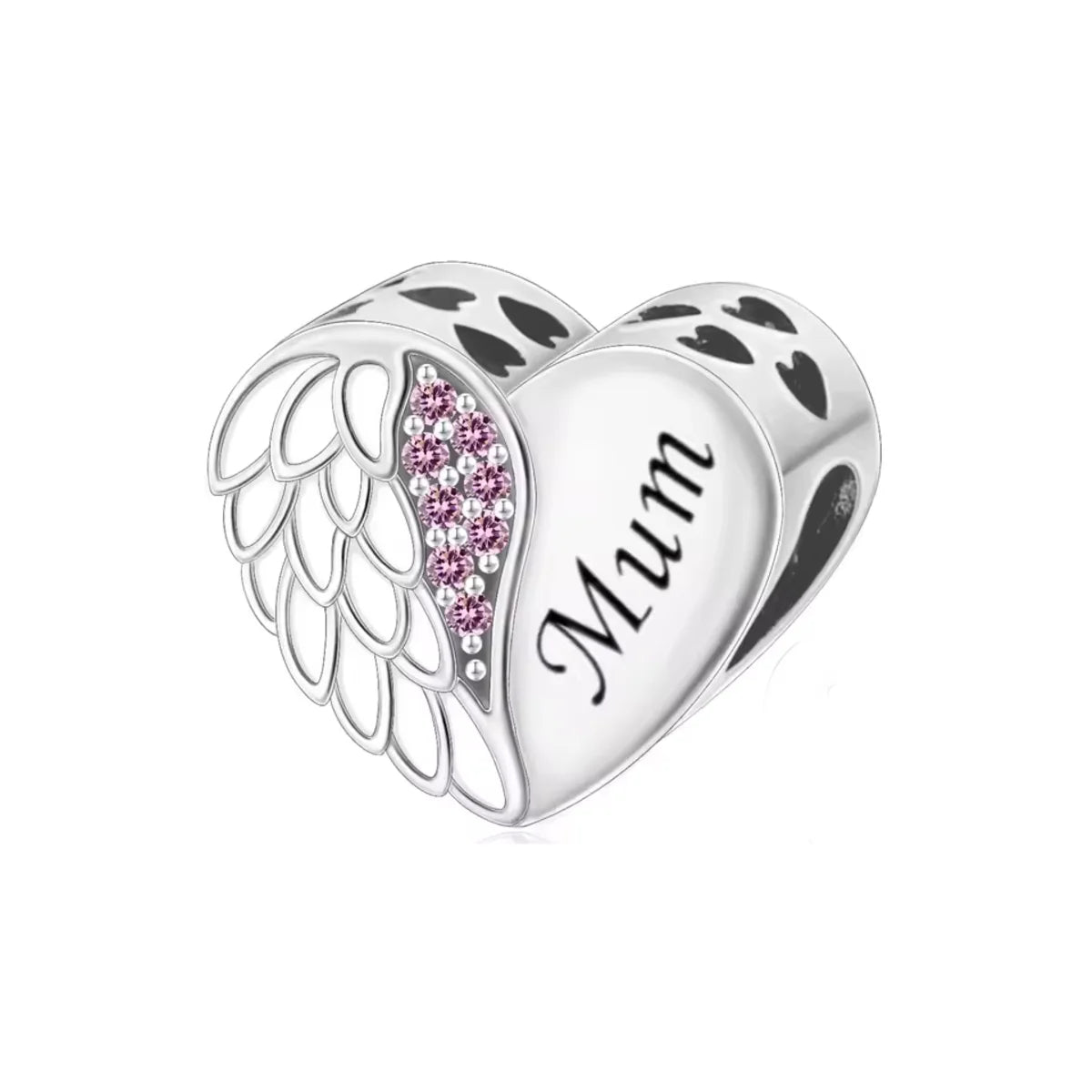 Silver heart-shaped charm with angel wings and pink stones on a white background