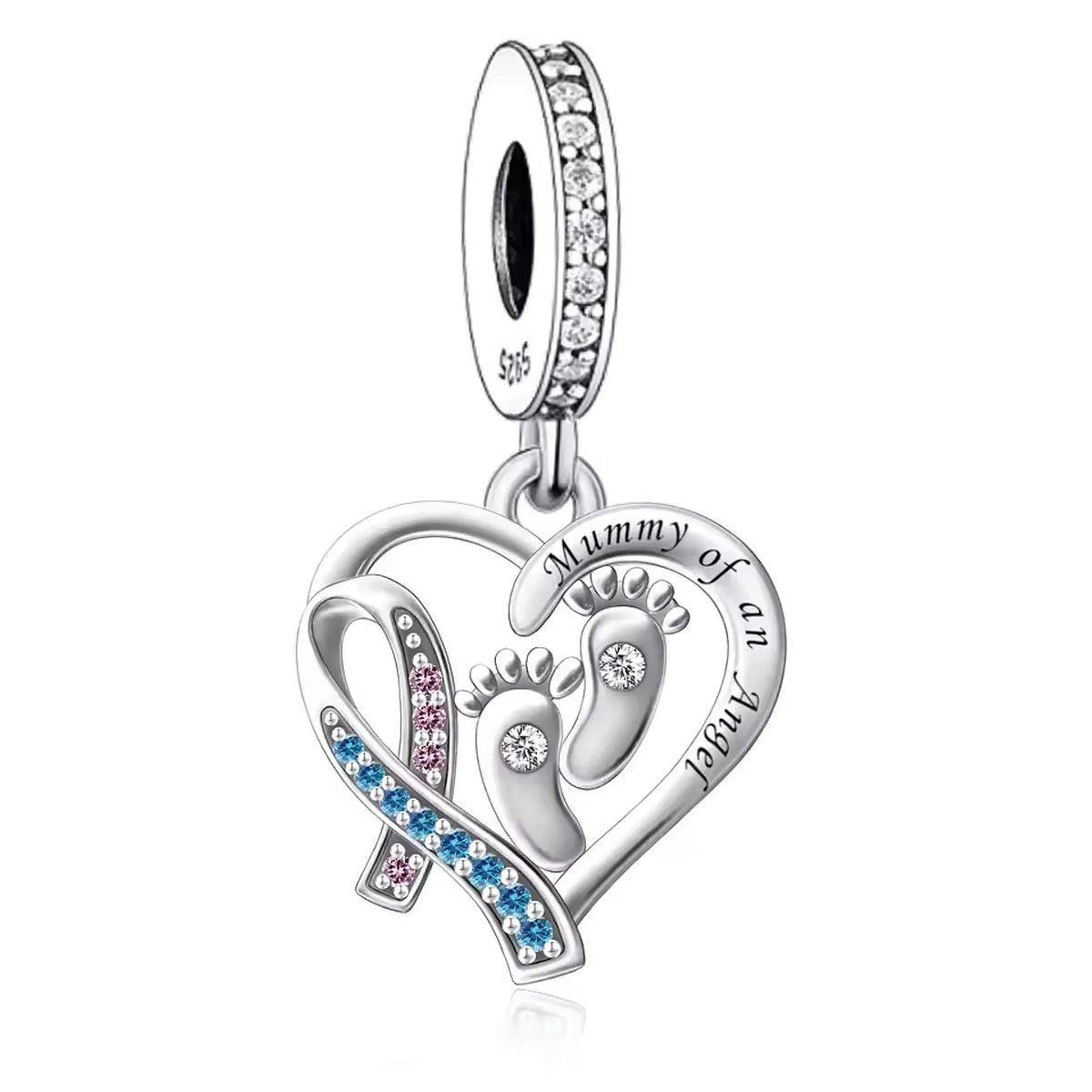 Silver dangle charm with heart design, baby footprints, and engraved with 'Mummy of an angel' 