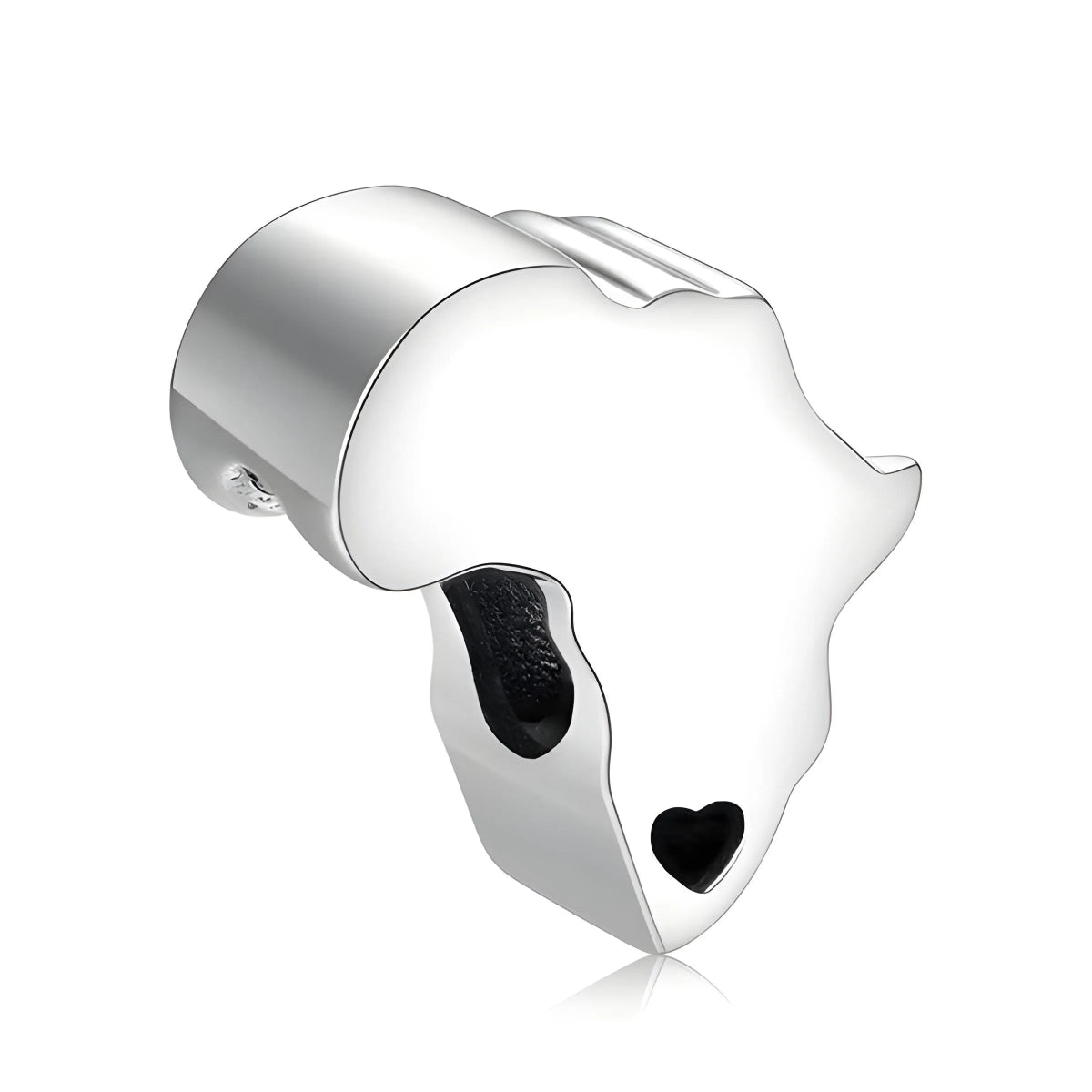 Silver charm shaped like a heart with a black interior on a white background