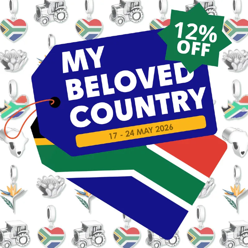 Promotional graphic for 'My Beloved Country' event with South African flag colors and '12% OFF' offer.