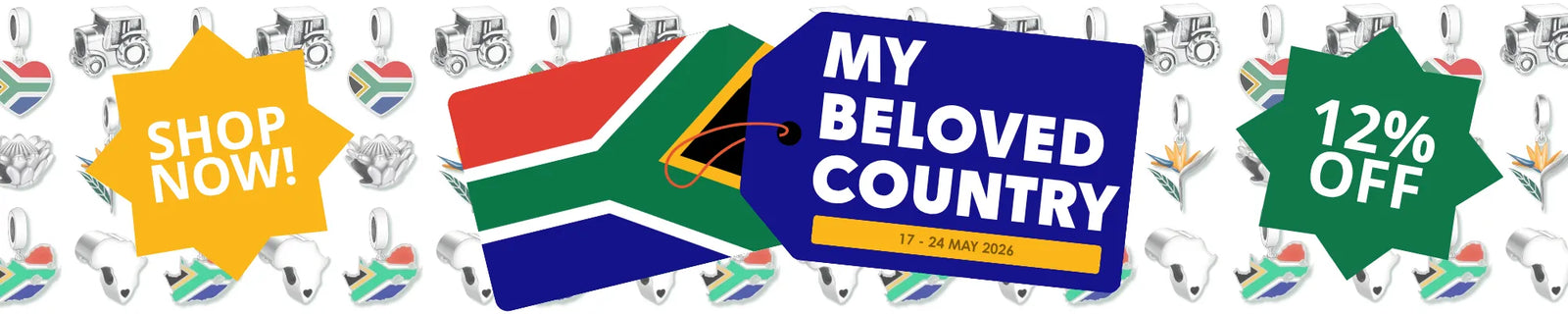 Promotional banner with South African flag, 'My Beloved Country' text, and shopping elements.
