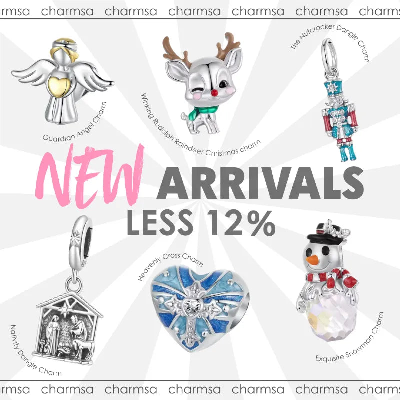Collection of various charm bracelets with charms including a guardian angel, reindeer, nutcracker, nativity scene, and snowman on a white background.