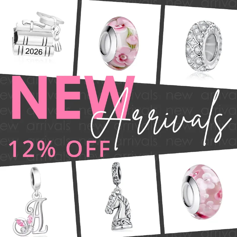 Collage of silver charms with floral designs and text promoting 'New Arrivals' and a discount offer.