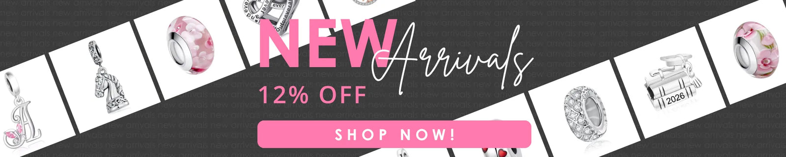 Promotional banner for new jewelry arrivals with discounts and 'Shop Now' button.