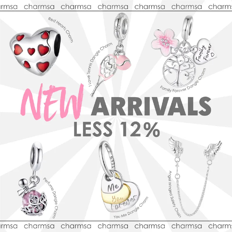 Collection of charm bracelets with various charms on a white background, featuring promotional text New Arrivals Less 12%