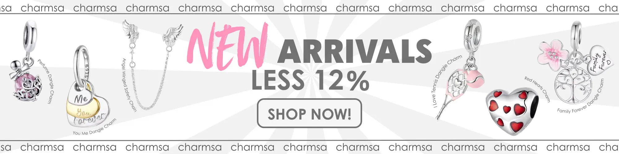 Collection of charm bracelets with various charms on a white background, featuring promotional text New Arrivals Less 12%