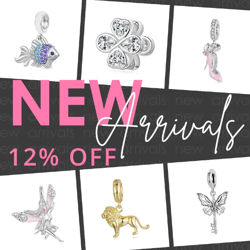 Promotional banner for jewelry arrivals with the text 'NEW Arrivals 12% OFF' and 'SHOP NOW!'. The design features a dark gray and white diagonal striped background with several white panels displaying different silver-toned and gold-toned charms